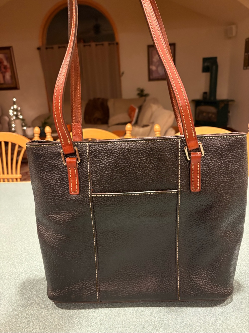 Dooney & Bourke Lexington tote Black Pebbled Leather Messenger with Brown Trim - Picture 2 of 8